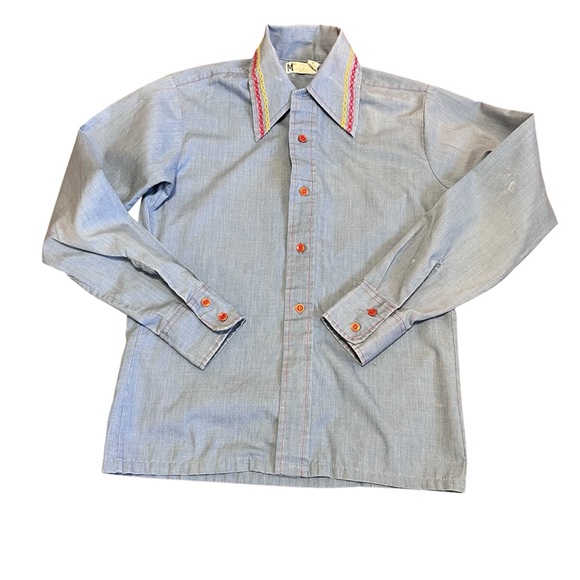 Marte Continentals USA Vintage 60s-70s Chambray Button Down Shirt Embroidered - Picture 3 of 7